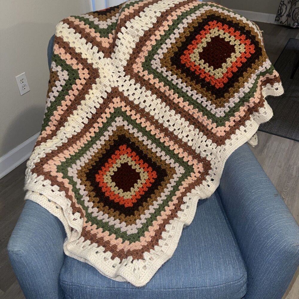 LARGE Granny Square Hand-Crochet Blanket Cream Pink Brown Sage 88x67 inches
